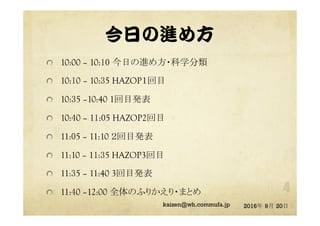 rg  
? 10:00 C 10:10 դM᷽?ѧ
? 10:10 C 10:35 gĿ
? 10:35 C10:40 1Ŀk
? 10:40 C 11:05 g2ĿˤǰҤˤᣩ
? 11:05 C 11:10 Ŀk
? 11:10 C 11:35 g3ĿˤǰҤˤᣩ
? 11:35 C 11:40 3Ŀk
? 11:40 C12:00 ȫΤդ꤫?ޤȤ
2016 9 20? @kaizen_nagoya
 