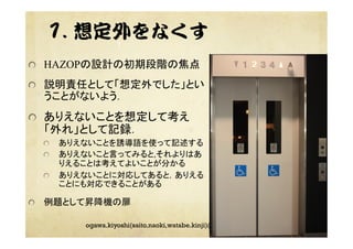1. 想定外をなくす
"   HAZOPの設計の初期段階の焦点
"   説明責任として「想定外でした」とい
うことがないよう．
"   ありえないことを想定して考え
「外れ」として記録．
"   ありえないことを誘導語を使って記述する
"   ありえないこと言ってみると,それよりはあ
りえることは考えてよいことが分かる
"   ありえないことに対応してあると，ありえる
ことにも対応できることがある
"   例題として昇降機の扉	
1	
20110118ogawa.kiyoshi(saito.naoki,watabe.kinji)@nmiri.city.nagoya.jp
 