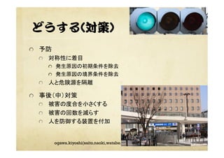 どうする(対策)
20110118ogawa.kiyoshi(saito.naoki,watabe.kinji)@nmiri.city.nagoya.jp
"   予防	
"   対称性に着目	
"   発生原因の初期条件を除去	
"   発生原因の境界条件を除去	
"   人と危険源を隔離	
"   事後（中）対策	
"   被害の度合を小さくする	
"   被害の回数を減らす	
"   人を防御する装置を付加	
 