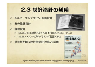 2.3 設計指針の利用
"   ユニバーサルデザイン（万能設計）
"   形の設計指針
"   論理設計
"   STARC RTL設計スタイルガイド(HDL/ASIC, FPGA)
"   MISRA-C/C++(プログラミング言語/CPU)
"   対称性を軸に設計指針を分類して活用
20110118ogawa.kiyoshi(saito.naoki,watabe.kinji)@nmiri.city.nagoya.jp
 