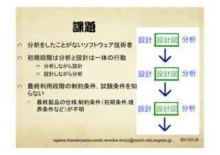 課題	
"   分析をしたことがないソフトウェア技術者	
"   初期段階は分析と設計は一体の行動	
"   分析しながら設計	
"   設計しながら分析	
"   最終利用段階の制約条件，試験条件を知
らない	
"   最終製品の仕様,制約条件（初期条件,境
界条件など）が不明	
20110118ogawa.kiyoshi(saito.naoki,watabe.kinji)@nmiri.city.nagoya.jp
 