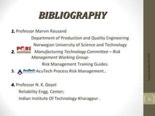 BIBLIOGRAPHY
BIBLIOGRAPHY
1.
1. Professor Marvin Rausand
Department of Production and Quality Engineering
Norwegian University of Science and Technology
2.
2. Manufacturing Technology Committee – Risk
Management Working Group-
Risk Management Training Guides.
3. AcuTech Process Risk Management..
4.
4. Professor N. K. Goyel
Reliability Engg. Center;
Indian Institute Of Technology-Kharagpur . 26
Indrajit
Das;REC;IIT-KGP
 