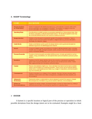 3. HAZOP Terminology
 SYSTEM
A System is a specific location or logical part of the process or operation in which
possible deviations from the design intent are to be evaluated. Examples might be a heat
 