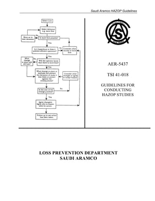 Saudi Aramco HAZOP Guidelines
AER-5437
TSI 41-018
GUIDELINES FOR
CONDUCTING
HAZOP STUDIES
LOSS PREVENTION DEPARTMENT
SAUDI ARAMCO
 