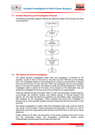 Incident Investigation & Root Cause Analysis
H|S|E|Q – Trainers, Consultants and Risk Management Advisors
Page 3 of 61
Incident Report
Analysis of
Incident
Incident
Investigation
Investigation
Report
Trend Analysis &
Corrective
Actions
End
1.5 Incident Reporting and Investigation Process
The following schematic diagram outlines the significant steps of the process and their
usual sequence.
1.6 The Typical Accident Investigation.
The typical accident investigation starts when the investigator is informed of the
accident, usually in terms of the harm or loss that occurred. With this as the starting
point, the investigator begins to look backwards for causes or causal factors to explain
how and why the harm or loss occurred. When the investigator arrives at an accident
scene, he surveys the situation and makes an initial and overall assessment. Then the
investigator starts a search for the facts or the situation or the information that will
enable the investigator to find the cause of the accident or its causal factors.
There are several sources of accident “facts” or data, such as people, physical objects,
surroundings, the condition, location and relative position of various persons and
objects, etc. The data and facts thus gathered are assimilated, sifted, organized and
then analyzed by the investigator. These analyses may permit the investigator to
develop one or more possible accident scenarios about how and why the harm or loss
occurred.
The typical investigation is ended when the investigator finds what could be termed
“the cause” of the accident. These conclusions are generally in the form of a set of
statements about the sequential events that led to the final harm or loss and a cause
statement.
Finally, based on the facts, the description of the events leading to the harm or loss
and the conclusions drawn, the investigator recommends actions whose
implementation should prevent the accident the next time.
 