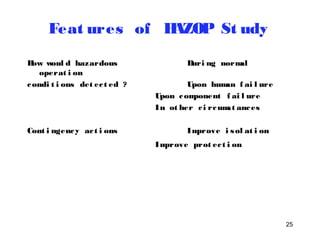 25 
Feat ures of HAZOP St udy 
How woul d hazardous Duri ng normal 
operat i on 
condi t i ons det ec t ed ? Upon human f ai l ure 
Upon component f ai l ure 
In ot her c i rcums t ances 
Cont i ngency ac t i ons Improve i sol at i on 
Improve prot ec t i on 
 