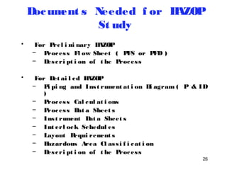 Document s Needed f or HAZOP 
26 
St udy 
• For Prel imi nary HAZOP 
– Proces s Fl ow Sheet ( PFS or PFD ) 
– Des cri pt i on of t he Proces s 
• For Det ai l ed HAZOP 
– Pi pi ng and Ins t rument at i on Di agram ( P & ID 
) 
– Proces s Cal cul at i ons 
– Proces s Dat a Sheet s 
– Ins t rument Dat a Sheet s 
– Int erl ock Schedul es 
– Layout Requi rement s 
– Hazardous Area Cl as s i f i cat i on 
– Des cri pt i on of t he Proces s 
 