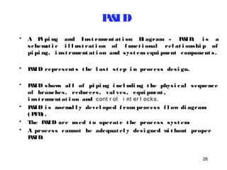 28 
P&ID 
• A Pi pi ng and Ins t rument at i on Di agram - P&ID, i s a 
s chemat i c i l l us t rat i on of f unc t i onal rel at i onshi p of 
pi pi ng, i ns t rument at i on and sys t em equi pment component s . 
• P&ID represent s t he l as t s t ep i n proces s des i gn. 
• P&ID shows al l of pi pi ng i nc l udi ng t he phys i cal sequence 
of branches , reducers , val ves , equi pment , 
i ns t rument at i on and cont r ol i nt er l ocks. 
• P&ID i s normal l y devel oped f rom proces s f l ow di agram 
( PFD) . 
• The P&ID are used t o operat e t he proces s sys t em. 
• A proces s cannot be adequat el y des i gned wi t hout proper 
P&ID. 
 