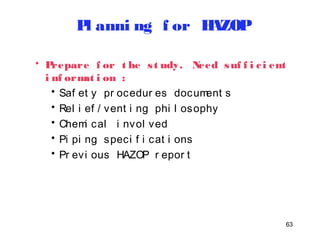 63 
Pl anni ng f or HAZOP 
• Prepare f or t he s t udy. Need suf f i c i ent 
i nf ormat i on : 
• Saf et y pr ocedur es document s 
• Rel i ef / vent i ng phi l osophy 
• Chemi cal i nvol ved 
• Pi pi ng speci f i cat i ons 
• Pr evi ous HAZOP r epor t 
 