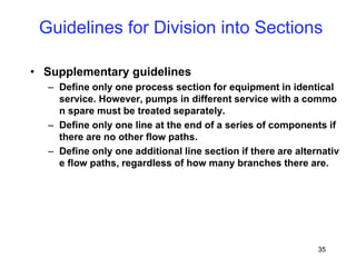 35
• Supplementary guidelines
– Define only one process section for equipment in identical
service. However, pumps in different service with a commo
n spare must be treated separately.
– Define only one line at the end of a series of components if
there are no other flow paths.
– Define only one additional line section if there are alternativ
e flow paths, regardless of how many branches there are.
Guidelines for Division into Sections
 