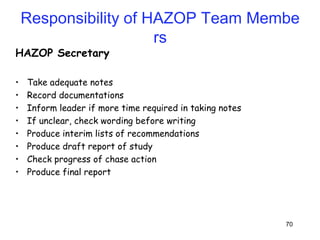 70
HAZOP Secretary
• Take adequate notes
• Record documentations
• Inform leader if more time required in taking notes
• If unclear, check wording before writing
• Produce interim lists of recommendations
• Produce draft report of study
• Check progress of chase action
• Produce final report
Responsibility of HAZOP Team Membe
rs
 