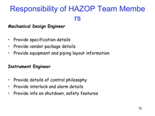 72
Mechanical Design Engineer
• Provide specification details
• Provide vendor package details
• Provide equipment and piping layout information
Instrument Engineer
• Provide details of control philosophy
• Provide interlock and alarm details
• Provide info on shutdown, safety features
Responsibility of HAZOP Team Membe
rs
 