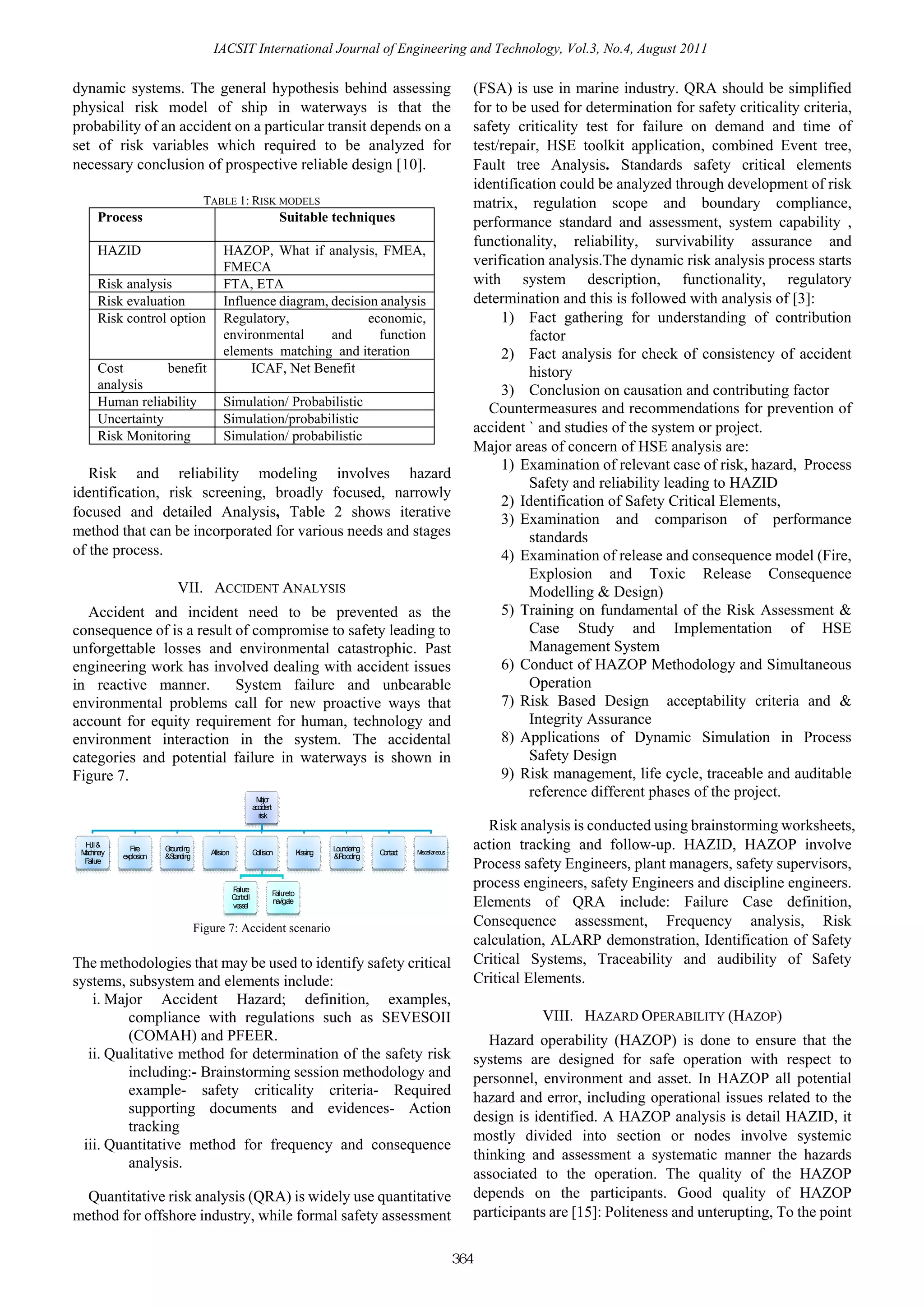 IACSIT International Journal of Engineering and Technology, Vol.3, No.4, August 2011

dynamic systems. The general hypothesis behind assessing                                                                         (FSA) is use in marine industry. QRA should be simplified
physical risk model of ship in waterways is that the                                                                             for to be used for determination for safety criticality criteria,
probability of an accident on a particular transit depends on a                                                                  safety criticality test for failure on demand and time of
set of risk variables which required to be analyzed for                                                                          test/repair, HSE toolkit application, combined Event tree,
necessary conclusion of prospective reliable design [10].                                                                        Fault tree Analysis. Standards safety critical elements
                                                                                                                                 identification could be analyzed through development of risk
                                     TABLE 1: RISK MODELS                                                                        matrix, regulation scope and boundary compliance,
      Process                                                            Suitable techniques                                     performance standard and assessment, system capability ,
                                                                                                                                 functionality, reliability, survivability assurance and
      HAZID                                HAZOP, What if analysis, FMEA,
                                           FMECA                                                                                 verification analysis.The dynamic risk analysis process starts
      Risk analysis                        FTA, ETA                                                                              with system description, functionality, regulatory
      Risk evaluation                      Influence diagram, decision analysis                                                  determination and this is followed with analysis of [3]:
      Risk control option                  Regulatory,               economic,                                                        1) Fact gathering for understanding of contribution
                                           environmental      and      function                                                            factor
                                           elements matching and iteration                                                            2) Fact analysis for check of consistency of accident
      Cost        benefit                       ICAF, Net Benefit                                                                          history
      analysis                                                                                                                        3) Conclusion on causation and contributing factor
      Human reliability                    Simulation/ Probabilistic
                                                                                                                                    Countermeasures and recommendations for prevention of
      Uncertainty                          Simulation/probabilistic
                                                                                                                                 accident ` and studies of the system or project.
      Risk Monitoring                      Simulation/ probabilistic
                                                                                                                                 Major areas of concern of HSE analysis are:
                                                                                                                                      1) Examination of relevant case of risk, hazard, Process
   Risk and reliability modeling involves hazard
                                                                                                                                           Safety and reliability leading to HAZID
identification, risk screening, broadly focused, narrowly
                                                                                                                                      2) Identification of Safety Critical Elements,
focused and detailed Analysis, Table 2 shows iterative                                                                                3) Examination and comparison of performance
method that can be incorporated for various needs and stages                                                                               standards
of the process.                                                                                                                       4) Examination of release and consequence model (Fire,
                                                                                                                                           Explosion and Toxic Release Consequence
                           VII. ACCIDENT ANALYSIS                                                                                          Modelling & Design)
  Accident and incident need to be prevented as the                                                                                   5) Training on fundamental of the Risk Assessment &
consequence of is a result of compromise to safety leading to                                                                              Case Study and Implementation of HSE
unforgettable losses and environmental catastrophic. Past                                                                                  Management System
engineering work has involved dealing with accident issues                                                                            6) Conduct of HAZOP Methodology and Simultaneous
in reactive manner.        System failure and unbearable                                                                                   Operation
environmental problems call for new proactive ways that                                                                               7) Risk Based Design acceptability criteria and &
account for equity requirement for human, technology and                                                                                   Integrity Assurance
environment interaction in the system. The accidental                                                                                 8) Applications of Dynamic Simulation in Process
categories and potential failure in waterways is shown in                                                                                  Safety Design
Figure 7.                                                                                                                             9) Risk management, life cycle, traceable and auditable
                                                            M ajor
                                                                                                                                           reference different phases of the project.
                                                           acciden t
                                                             risk
                                                                                                                                   Risk analysis is conducted using brainstorming worksheets,
  H ll &
    u
 M ne
  achi ry
              Fire      G din
                         roun g
                                      Allision             C sion
                                                            olli                 K ng
                                                                                  issi
                                                                                         Lou ng
                                                                                            nderi
                                                                                                    C tac
                                                                                                     on t   Miscella
                                                                                                                   neous
                                                                                                                                 action tracking and follow-up. HAZID, HAZOP involve
            explosion   &S din
                           tan g                                                         &Fooding
                                                                                            l
  F lu
   ai re
                                                                                                                                 Process safety Engineers, plant managers, safety supervisors,
                                                 F lu
                                                  ai re
                                                                                                                                 process engineers, safety Engineers and discipline engineers.
                                                                       F reto
                                                                        ailu
                                                 C troll
                                                  on
                                                 ve el
                                                   ss
                                                                       na ga
                                                                         vi te                                                   Elements of QRA include: Failure Case definition,
                                   Figure 7: Accident scenario
                                                                                                                                 Consequence assessment, Frequency analysis, Risk
                                                                                                                                 calculation, ALARP demonstration, Identification of Safety
The methodologies that may be used to identify safety critical                                                                   Critical Systems, Traceability and audibility of Safety
systems, subsystem and elements include:                                                                                         Critical Elements.
    i. Major Accident Hazard; definition, examples,
          compliance with regulations such as SEVESOII                                                                                      VIII. HAZARD OPERABILITY (HAZOP)
          (COMAH) and PFEER.                                                                                                        Hazard operability (HAZOP) is done to ensure that the
   ii. Qualitative method for determination of the safety risk                                                                   systems are designed for safe operation with respect to
          including:- Brainstorming session methodology and                                                                      personnel, environment and asset. In HAZOP all potential
          example- safety criticality criteria- Required                                                                         hazard and error, including operational issues related to the
          supporting documents and evidences- Action
                                                                                                                                 design is identified. A HAZOP analysis is detail HAZID, it
          tracking
                                                                                                                                 mostly divided into section or nodes involve systemic
  iii. Quantitative method for frequency and consequence
                                                                                                                                 thinking and assessment a systematic manner the hazards
          analysis.
                                                                                                                                 associated to the operation. The quality of the HAZOP
  Quantitative risk analysis (QRA) is widely use quantitative                                                                    depends on the participants. Good quality of HAZOP
method for offshore industry, while formal safety assessment                                                                     participants are [15]: Politeness and unterupting, To the point

                                                                                                                           364
 