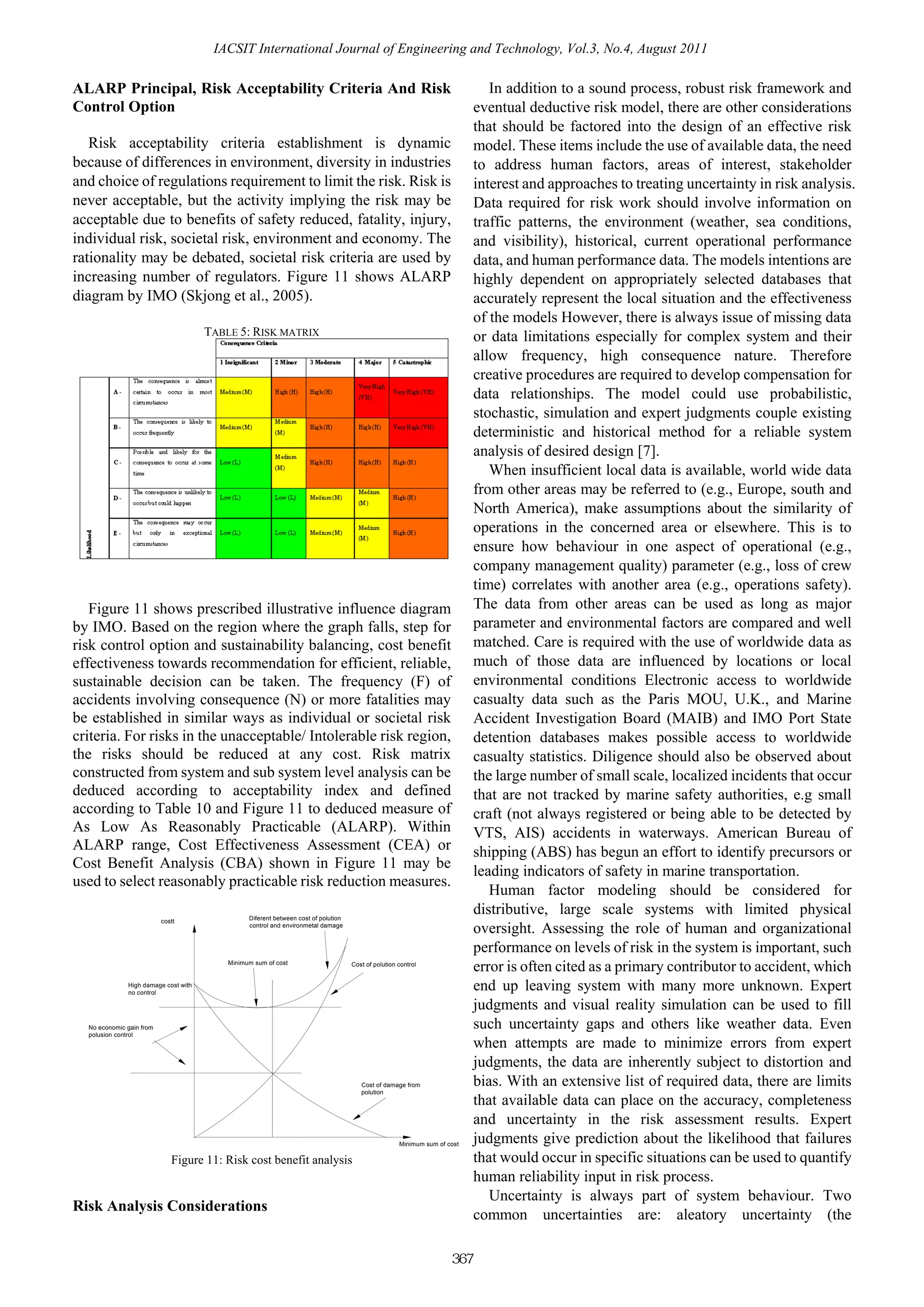 IACSIT International Journal of Engineering and Technology, Vol.3, No.4, August 2011

ALARP Principal, Risk Acceptability Criteria And Risk                                                                         In addition to a sound process, robust risk framework and
Control Option                                                                                                             eventual deductive risk model, there are other considerations
                                                                                                                           that should be factored into the design of an effective risk
   Risk acceptability criteria establishment is dynamic                                                                    model. These items include the use of available data, the need
because of differences in environment, diversity in industries                                                             to address human factors, areas of interest, stakeholder
and choice of regulations requirement to limit the risk. Risk is                                                           interest and approaches to treating uncertainty in risk analysis.
never acceptable, but the activity implying the risk may be                                                                Data required for risk work should involve information on
acceptable due to benefits of safety reduced, fatality, injury,                                                            traffic patterns, the environment (weather, sea conditions,
individual risk, societal risk, environment and economy. The                                                               and visibility), historical, current operational performance
rationality may be debated, societal risk criteria are used by                                                             data, and human performance data. The models intentions are
increasing number of regulators. Figure 11 shows ALARP                                                                     highly dependent on appropriately selected databases that
diagram by IMO (Skjong et al., 2005).                                                                                      accurately represent the local situation and the effectiveness
                                                                                                                           of the models However, there is always issue of missing data
                                      TABLE 5: RISK MATRIX                                                                 or data limitations especially for complex system and their
                                                                                                                           allow frequency, high consequence nature. Therefore
                                                                                                                           creative procedures are required to develop compensation for
                                                                                                                           data relationships. The model could use probabilistic,
                                                                                                                           stochastic, simulation and expert judgments couple existing
                                                                                                                           deterministic and historical method for a reliable system
                                                                                                                           analysis of desired design [7].
                                                                                                                              When insufficient local data is available, world wide data
                                                                                                                           from other areas may be referred to (e.g., Europe, south and
                                                                                                                           North America), make assumptions about the similarity of
                                                                                                                           operations in the concerned area or elsewhere. This is to
                                                                                                                           ensure how behaviour in one aspect of operational (e.g.,
                                                                                                                           company management quality) parameter (e.g., loss of crew
                                                                                                                           time) correlates with another area (e.g., operations safety).
   Figure 11 shows prescribed illustrative influence diagram                                                               The data from other areas can be used as long as major
by IMO. Based on the region where the graph falls, step for                                                                parameter and environmental factors are compared and well
risk control option and sustainability balancing, cost benefit                                                             matched. Care is required with the use of worldwide data as
effectiveness towards recommendation for efficient, reliable,                                                              much of those data are influenced by locations or local
sustainable decision can be taken. The frequency (F) of                                                                    environmental conditions Electronic access to worldwide
accidents involving consequence (N) or more fatalities may                                                                 casualty data such as the Paris MOU, U.K., and Marine
be established in similar ways as individual or societal risk                                                              Accident Investigation Board (MAIB) and IMO Port State
criteria. For risks in the unacceptable/ Intolerable risk region,                                                          detention databases makes possible access to worldwide
the risks should be reduced at any cost. Risk matrix                                                                       casualty statistics. Diligence should also be observed about
constructed from system and sub system level analysis can be                                                               the large number of small scale, localized incidents that occur
deduced according to acceptability index and defined                                                                       that are not tracked by marine safety authorities, e.g small
according to Table 10 and Figure 11 to deduced measure of                                                                  craft (not always registered or being able to be detected by
As Low As Reasonably Practicable (ALARP). Within                                                                           VTS, AIS) accidents in waterways. American Bureau of
ALARP range, Cost Effectiveness Assessment (CEA) or                                                                        shipping (ABS) has begun an effort to identify precursors or
Cost Benefit Analysis (CBA) shown in Figure 11 may be
                                                                                                                           leading indicators of safety in marine transportation.
used to select reasonably practicable risk reduction measures.
                                                                                                                              Human factor modeling should be considered for
                                                Diferent between cost of polution
                                                                                                                           distributive, large scale systems with limited physical
                          costt
                                                control and environmetal damage
                                                                                                                           oversight. Assessing the role of human and organizational
                                                                                                                           performance on levels of risk in the system is important, such
                                          Minimum sum of cost                       Cost of polution control
                                                                                                                           error is often cited as a primary contributor to accident, which
              High damage cost with
              no control
                                                                                                                           end up leaving system with many more unknown. Expert
                                                                                                                           judgments and visual reality simulation can be used to fill
  No economic gain from                                                                                                    such uncertainty gaps and others like weather data. Even
  polusion control
                                                                                                                           when attempts are made to minimize errors from expert
                                                                                                                           judgments, the data are inherently subject to distortion and
                                                                                       Cost of damage from                 bias. With an extensive list of required data, there are limits
                                                                                       polution
                                                                                                                           that available data can place on the accuracy, completeness
                                                                                                                           and uncertainty in the risk assessment results. Expert
                                                                                                     Minimum sum of cost
                                                                                                                           judgments give prediction about the likelihood that failures
                             Figure 11: Risk cost benefit analysis                                                         that would occur in specific situations can be used to quantify
                                                                                                                           human reliability input in risk process.
                                                                                                                              Uncertainty is always part of system behaviour. Two
Risk Analysis Considerations
                                                                                                                           common uncertainties are: aleatory uncertainty (the

                                                                                                                     367
 