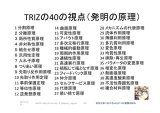 TRIZの40の視点（発明の原理）	
1	分割原理 	
２ 分離原理	
３ 局所性質原理 	
４ 非対称性原理 	
５ 組合せ原理	
６ 汎用性定理	
７ 入れ子原理	
８ つりあい原理	
９ 先取り反作用原理	
10	先取り作用定理 	
11	事前保護定理	
12	等位性原理	
12	逆発想原理	
	 2017/12/
28	
104	
14 曲面原理	
15	可変性原理	
16	アバウト原理	
17	多次元移行原理	
18	機械的振動原理	
19	周期的作用原理	
20	連続性原理	
21	高速実行原理 	
22	禍転じて福となす原理	
23	フィードバック原理	
24	仲介原理	
25	セルフサービス原理	
26	代替原理	
27	使い捨て原理	
	
28	メカニズムの代替原理	
29	流体作用原理	
30	薄膜利用原理	
31	多孔質利用原理	
32	変色原理	
33	均質性原理	
34	排除・再生原理	
35	パラメータの変更原理	
36	相変化原理	
37	熱膨張原理	
38	高濃度酸素原理	
39	不活性雰囲気原理	
40	複合材料原理	
安全分析におけるHAZOP-TRIZ連携の試み	HAZOP	safety	&	security		©	@kaizen_nagoya	
 