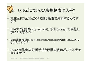 Q16:どこでJAXA実施例表は入手?	
•  FMEA,FTAとHAZOPで違う段階で分析するんです
か？
•  HAZOPを要件(requirement)，設計(design)で実施し
ないんですか？
•  状態遷移分析(Mode Transition Analysis)のときにHAZOPし
ないんですか？
•  JAXA実施例の分析手法と段階の表はどこで入手で
きますか？
2017/12/28	 111	HAZOP	safety	&	security		©	@kaizen_nagoya	
 