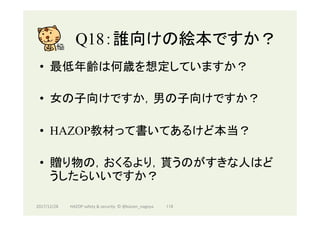 Q18：誰向けの絵本ですか？	
•  最低年齢は何歳を想定していますか？
•  女の子向けですか，男の子向けですか？
•  HAZOP教材って書いてあるけど本当？
•  贈り物の，おくるより，貰うのがすきな人はど
うしたらいいですか？
2017/12/28	 118	HAZOP	safety	&	security		©	@kaizen_nagoya	
 