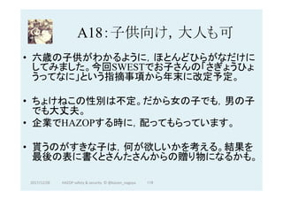 A18：子供向け，大人も可	
•  六歳の子供がわかるように，ほとんどひらがなだけに
してみました。今回SWESTでお子さんの「さぎょうひょ
うってなに」という指摘事項から年末に改定予定。
•  ちょけねこの性別は不定。だから女の子でも，男の子
でも大丈夫。
•  企業でHAZOPする時に，配ってもらっています。
•  貰うのがすきな子は，何が欲しいかを考える。結果を
最後の表に書くとさんたさんからの贈り物になるかも。
2017/12/28	 119	HAZOP	safety	&	security		©	@kaizen_nagoya	
 