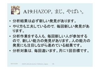 A19:HAZOP，まじ，やばい。	
•  分析結果は必ず新しい発見があります。
•  やり方も工夫しているので，毎回新しい発見があ
ります。
•  分析作業をする人も，毎回新しい人が参加する
ので，新しい能力の発見があります。人の能力の
発見にも注目しながら進めている結果です。
•  分析対象は，毎回違います。月に１回目標です。	
2017/12/28	 125	HAZOP	safety	&	security		©	@kaizen_nagoya	
 