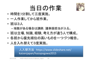 当日の作業	
•  時間を3分割して三度実施。
•  一人作業してから班作業。
•  班は３人
– 端数がある場合は講師，議事録担当が入る。
•  班は立場, 知識, 経験, 考え方が違う人で構成。
•  各班から優先順位の高いものを一つづつ報告。
•  人を入れ替えて３度実施。
2017/12/28	
人入替方法　https://www.slideshare.net/
kaizenjapan/hazopogawa2015	
128	HAZOP	safety	&	security		©	@kaizen_nagoya	
 