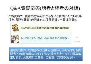 　Q&A質疑応答(話者と読者の対話)	
•  この資料で，読者の方からわからないと質問いただいた事
項と，話者（著者）の答えを30項目記録。一覧は付録5。
2017/12/28	
13	
　　 　　　Qxxではじまる若草色の頁が読者の質問（Q）	
　　 　　　Axxではじまる　空色　の頁が話者の応答（A）	
最初は飛ばしてお読みください。回答が，かならずしも質
問者への直接解になっていない場合があります。順次改
定します。お気軽にご意見，ご要望，ご質問ください。	
	
HAZOP	safety	&	security		©	@kaizen_nagoya	
 