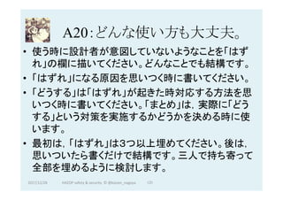 A20：どんな使い方も大丈夫。	
•  使う時に設計者が意図していないようなことを「はず
れ」の欄に描いてください。どんなことでも結構です。
•  「はずれ」になる原因を思いつく時に書いてください。
•  「どうする」は「はずれ」が起きた時対応する方法を思
いつく時に書いてください。「まとめ」は，実際に「どう
する」という対策を実施するかどうかを決める時に使
います。
•  最初は，「はずれ」は３つ以上埋めてください。後は，
思いついたら書くだけで結構です。三人で持ち寄って
全部を埋めるように検討します。
2017/12/28	 131	HAZOP	safety	&	security		©	@kaizen_nagoya	
 