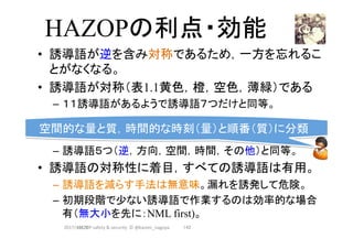 HAZOPの利点・効能	
•  誘導語が逆を含み対称であるため，一方を忘れるこ
とがなくなる。
•  誘導語が対称（表1.1黄色，橙，空色，薄緑）である
–  １１誘導語があるようで誘導語７つだけと同等。
–  誘導語５つ（逆，方向，空間，時間，その他）と同等。
•  誘導語の対称性に着目，すべての誘導語は有用。
–  誘導語を減らす手法は無意味。漏れを誘発して危険。
–  初期段階で少ない誘導語で作業するのは効率的な場合
有（無大小を先に：NML first)。
2017/12/28	 142	
空間的な量と質，時間的な時刻（量）と順番（質）に分類	
HAZOP	safety	&	security		©	@kaizen_nagoya	
 