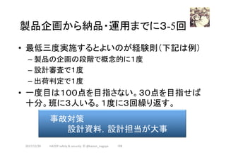 製品企画から納品・運用までに３-5回	
•  最低三度実施するとよいのが経験則（下記は例）
– 製品の企画の段階で概念的に１度
– 設計審査で１度
– 出荷判定で１度
•  一度目は１００点を目指さない。３０点を目指せば
十分。班に３人いる。１度に３回繰り返す。
2017/12/28	
事故対策	
	 	設計資料，設計担当が大事	
158	HAZOP	safety	&	security		©	@kaizen_nagoya	
 