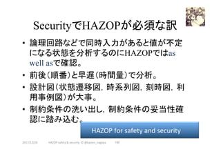 SecurityでHAZOPが必須な訳	
•  論理回路などで同時入力があると値が不定
になる状態を分析するのにHAZOPではas
well asで確認。
•  前後（順番）と早遅（時間量）で分析。
•  設計図（状態遷移図，時系列図，刻時図，利
用事例図）が大事。
•  制約条件の洗い出し，制約条件の妥当性確
認に踏み込む。	
2017/12/28	
HAZOP	for	safety	and	security	
160	HAZOP	safety	&	security		©	@kaizen_nagoya	
 