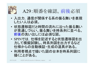 A29：順番を確認。前後必須	
•  入出力，通信が関係する系の振る舞いを表現
したい人は必須。
•  状態遷移図だと時間の流れに沿った振る舞い
が見通しづらい。振る舞いを時系列に並べる。
前後の洗い出しには必須な図。
•  SPINでは，仕様を記述すると状態遷移図を出
力して模擬試験し、時系列図を出力するなど
仕様からの自動検証・生成の道具がある。	
•  利用者視点で描いた図の台本を時系列図に
描くことがある。
165	2017/12/28	 HAZOP	safety	&	security		©	@kaizen_nagoya	
 