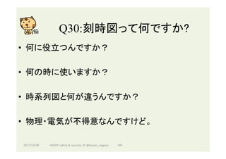 Q30:刻時図って何ですか?	
•  何に役立つんですか？
•  何の時に使いますか？
•  時系列図と何が違うんですか？
•  物理・電気が不得意なんですけど。
2017/12/28	 166	HAZOP	safety	&	security		©	@kaizen_nagoya	
 