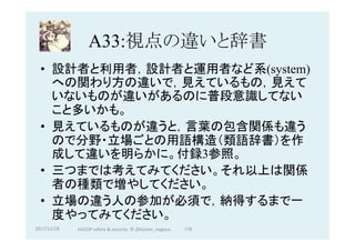A33:視点の違いと辞書	
•  設計者と利用者，設計者と運用者など系(system)
への関わり方の違いで，見えているもの，見えて
いないものが違いがあるのに普段意識してない
こと多いかも。
•  見えているものが違うと，言葉の包含関係も違う
ので分野・立場ごとの用語構造（類語辞書）を作
成して違いを明らかに。付録3参照。
•  三つまでは考えてみてください。それ以上は関係
者の種類で増やしてください。
•  立場の違う人の参加が必須で，納得するまで一
度やってみてください。	
2017/12/28	 176	HAZOP	safety	&	security		©	@kaizen_nagoya	
 