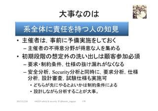 大事なのは	
•  主催者は，事前に予備実施をしておく
– 主催者の不得意分野が得意な人を集める
•  初期段階の想定外の洗い出しは顧客参加必須
– 要求・制約条件，仕様の抜け漏れがなくなる
– 安全分析，Security分析と同時に，要求分析，仕様
分析，設計審査，試験仕様も実施可
•  どちらが先にやるとよいかは制約条件による
•  設計しながら分析することが大事。
2017/12/28	
系全体に責任を持つ人の知見	
179	HAZOP	safety	&	security		©	@kaizen_nagoya	
 