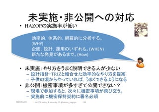 未実施・非公開への対応	
•  HAZOPの実施率が低い
•  未実施：やり方をうまく説明できる人が少ない
–  設計指針・TRIZと組合せた効率的なやり方を提案
–  子供の頃からやっていれば，うまくできるようになる
•  非公開：機密事項が多すぎて公開できない？
–  現場で参加すると，次々に機密事項が飛び交う。
–  実施前に機密保持契約に署名必須
2017/12/28	 183	
効率的，体系的，網羅的に分析する。
(WHY)	
企画，設計，運用のいずれも。(WHEN)	
新たな発見があるまで。(How)	
HAZOP	safety	&	security		©	@kaizen_nagoya	
 