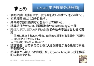 まとめ	
•  最初に詳しく説明せず，想定外を洗い出すことを心がける。
•  初期段階では30点を目指す。
•  具体的な設計指針などを合わせて用いる。
•  誘導語付きWhat if，誘導語付きbrainstormingの一種
•  FMEA, FTA, STAMP, FRAMなどの他の手法と合わせて実
施
–  同時に実施するとよい場合，効率的な順番がある場合(下記例)
–  HAZOP -> FMEA, FTA
–  STAMP, FRAM -> HAZOP
•  設計審査，出荷判定のように大きな影響がある段階で網羅
率を高める。
•  熟練者から新人への知見・やり方(know how)の伝授を体系
的に実施できる。
2017/12/28	
DoCAP(実行確認分析計画)	
188	HAZOP	safety	&	security		©	@kaizen_nagoya	
 
