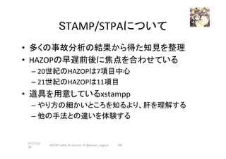 STAMP/STPAについて	
•  多くの事故分析の結果から得た知見を整理	
•  HAZOPの早遅前後に焦点を合わせている	
– 20世紀のHAZOPは7項目中心	
– 21世紀のHAZOPは11項目	
•  道具を用意しているxstampp	
– やり方の細かいところを知るより、肝を理解する	
– 他の手法との違いを体験する	
2017/12/
28	
192	HAZOP	safety	&	security		©	@kaizen_nagoya	
 