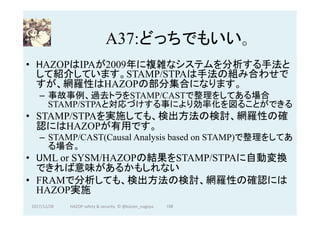 A37:どっちでもいい。	
•  HAZOPはIPAが2009年に複雑なシステムを分析する手法と
して紹介しています。STAMP/STPAは手法の組み合わせで
すが、網羅性はHAZOPの部分集合になります。
–  事故事例、過去トラをSTAMP/CASTで整理をしてある場合
STAMP/STPAと対応づけする事により効率化を図ることができる
•  STAMP/STPAを実施しても、検出方法の検討、網羅性の確
認にはHAZOPが有用です。
–  STAMP/CAST(Causal Analysis based on STAMP)で整理をしてあ
る場合。
•  UML or SYSM/HAZOPの結果をSTAMP/STPAに自動変換
できれば意味があるかもしれない
•  FRAMで分析しても、検出方法の検討、網羅性の確認には
HAZOP実施
2017/12/28	 198	HAZOP	safety	&	security		©	@kaizen_nagoya	
 