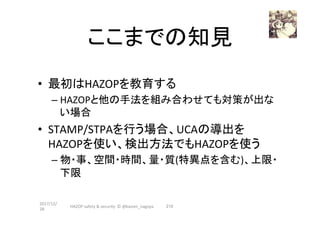 ここまでの知見	
•  最初はHAZOPを教育する	
– HAZOPと他の手法を組み合わせても対策が出な
い場合	
•  STAMP/STPAを行う場合、UCAの導出を
HAZOPを使い、検出方法でもHAZOPを使う	
– 物・事、空間・時間、量・質(特異点を含む)、上限・
下限	
2017/12/
28	
210	HAZOP	safety	&	security		©	@kaizen_nagoya	
 