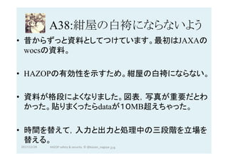 A38:紺屋の白袴にならないよう	
•  昔からずっと資料としてつけています。最初はJAXAの
wocsの資料。
•  HAZOPの有効性を示すため。紺屋の白袴にならない。
•  資料が格段によくなりました。図表，写真が重要だとわ
かった。貼りまくったらdataが１０MB超えちゃった。
•  時間を替えて，入力と出力と処理中の三段階を立場を
替える。
2017/12/28	 216	HAZOP	safety	&	security		©	@kaizen_nagoya	
 