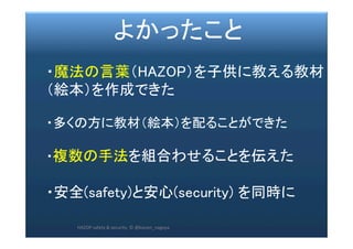2017/12/
28	
222	
　　　　よかったこと	
	
・魔法の言葉（HAZOP）を子供に教える教材
（絵本）を作成できた	
	
・多くの方に教材（絵本）を配ることができた	
	
・複数の手法を組合わせることを伝えた	
	
・安全(safety)と安心(security) を同時に	
	
	 HAZOP	safety	&	security		©	@kaizen_nagoya	
 