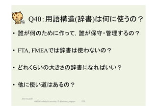 Q40：用語構造(辞書)は何に使うの？	
•  誰が何のために作って，誰が保守・管理するの？
•  FTA, FMEAでは辞書は使わないの？
•  どれくらいの大きさの辞書になればいい？
•  他に使い道はあるの？
2017/12/28	
225	HAZOP	safety	&	security		©	@kaizen_nagoya	
 