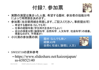 題材：なんでも来い	
経験:43年	
自然4,	社会3,	論理2,	人文1	
付録7. 参加票	
•  実際の演習は集まった人数，希望する題材，参加者の技能分布
によって時間割を決めます。
•  参加票（当日朝用紙を用意します。ご記入ください。事前提出可）
–  希望する題材名（なしでも可）
–  仕事の経験年数（学生時代を含めてもよい）
–  自分の得意分野（論理科学，自然科学，人文科学，社会科学）の順番。
得意なのが４，不得意が1
•  小川清の参加票の例:
•  SWEST18の資料参考
– https://www.slideshare.net/kaizenjapan/
ss-65852140
2017/12/28	 239	HAZOP	safety	&	security		©	@kaizen_nagoya	
 