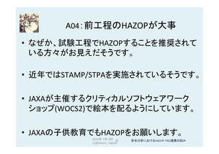 A04：前工程のHAZOPが大事	
•  なぜか、試験工程でHAZOPすることを推奨されて
いる方々がお見えだそうです。	
•  近年ではSTAMP/STPAを実施されているそうです。	
•  JAXAが主催するクリティカルソフトウェアワーク
ショップ(WOCS2)で絵本を配るようにしています。	
•  JAXAの子供教育でもHAZOPをお願いします。	
	
2016年 7月 8日
(c)@kaizen_nagoya	
25	 安全分析におけるHAZOP-TRIZ連携の試み	
 