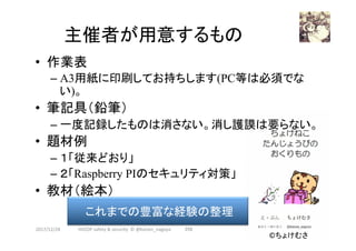 主催者が用意するもの	
•  作業表
– A3用紙に印刷してお持ちします(PC等は必須でな
い)。
•  筆記具（鉛筆）
– 一度記録したものは消さない。消し護謨は要らない。
•  題材例
– １「従来どおり」
– ２「Raspberry PIのセキュリティ対策」
•  教材（絵本）
2017/12/28	
これまでの豊富な経験の整理	
©ちょけむさ	
258	HAZOP	safety	&	security		©	@kaizen_nagoya	
 