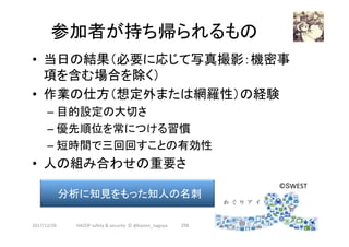 参加者が持ち帰られるもの	
•  当日の結果（必要に応じて写真撮影：機密事
項を含む場合を除く）
•  作業の仕方（想定外または網羅性）の経験
– 目的設定の大切さ
– 優先順位を常につける習慣
– 短時間で三回回すことの有効性
•  人の組み合わせの重要さ
2017/12/28	
分析に知見をもった知人の名刺	
©SWEST	
259	HAZOP	safety	&	security		©	@kaizen_nagoya	
 