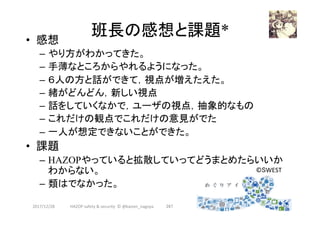 班長の感想と課題*	•  感想
–  やり方がわかってきた。
–  手薄なところからやれるようになった。
–  ６人の方と話ができて，視点が増えたえた。
–  緒がどんどん，新しい視点
–  話をしていくなかで，ユーザの視点，抽象的なもの
–  これだけの観点でこれだけの意見がでた
–  一人が想定できないことができた。
•  課題
–  HAZOPやっていると拡散していってどうまとめたらいいか
わからない。
–  類はでなかった。
	
2017/12/28	 267	
©SWEST	
HAZOP	safety	&	security		©	@kaizen_nagoya	
 