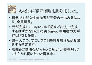A45:主催者側はありました。	
•  偶然ですが女性参加者が三分の一おみえにな
り、全員班長。
•  元が完成していないのに「従来どおり」で完成
するはずがないという突っ込み。利用者の方が
詳しいなど多数。
•  お一人づつ，すこしづつ何を持ち帰れたかお聞
きする予定です。
•  課題をご指摘くださったところには，特典として
こちらから伺いたいと提案中。
2017/12/28	 269	HAZOP	safety	&	security		©	@kaizen_nagoya	
 