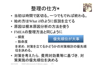 整理の仕方*	
•  当初は時間で区切る。一つでもでれば終わる。
•  始め方はWhat ifのように仮説を立てる
•  原因は根本原因分析の方法を使う
•  FMEAの整理方法と同じように
– 頻度
– 致命度
を求め，対策を立てるかどうかの対策検討の優先順
位を決める。
•  対策を考えたら，費用対効果等に基づき，対
策実施の優先順位を決める
271	2017/12/28	
優先順位が大事	
HAZOP	safety	&	security		©	@kaizen_nagoya	
 