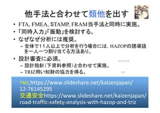 他手法と合わせて類他を出す	
•  FTA, FMEA, STAMP, FRAM当手法と同時に実施。
•  「同時入力」「振動」を検討する。
•  なぜなぜ分析には推奨。
–  全体で１１人以上で分析を行う場合には，HAZOPの誘導語
を一人一つ割り当てる方法あり。
•  設計審査に必須。
–  設計指針（下資料参照）と合わせて実施。
–  TRIZ用い知財の協力を得る。
2017/12/28	
TRIZ,https://www.slideshare.net/kaizenjapan/
12-76145295	
交通安全https://www.slideshare.net/kaizenjapan/
road-traffic-safety-analysis-with-hazop-and-triz	
272	
HAZOP	safety	&	security		©	@kaizen_nagoya	
 