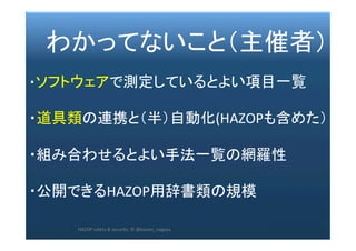 2017/12/28	 275	
　わかってないこと（主催者）	
	
・ソフトウェアで測定しているとよい項目一覧	
	
・道具類の連携と（半）自動化(HAZOPも含めた）	
	
・組み合わせるとよい手法一覧の網羅性	
	
・公開できるHAZOP用辞書類の規模	
	
	 HAZOP	safety	&	security		©	@kaizen_nagoya	
 